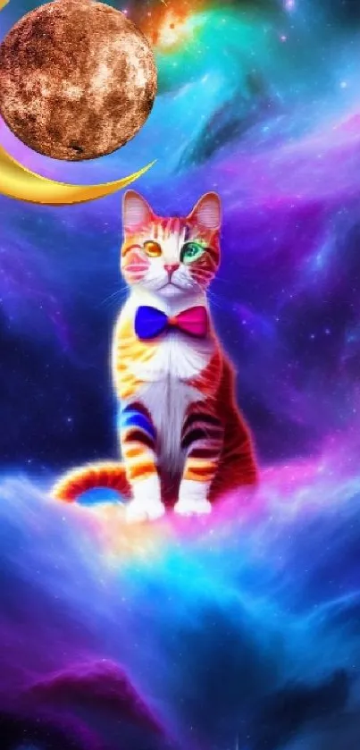 Colorful cosmic cat with bow tie in galaxy with moon and stars background.