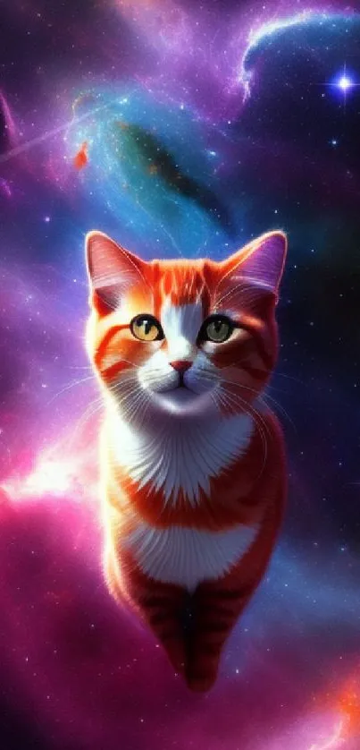 Orange tabby cat in a vibrant purple nebula with stars.