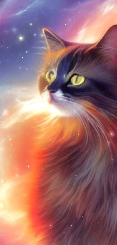 A cosmic cat with vibrant fur floating in a colorful space scene.