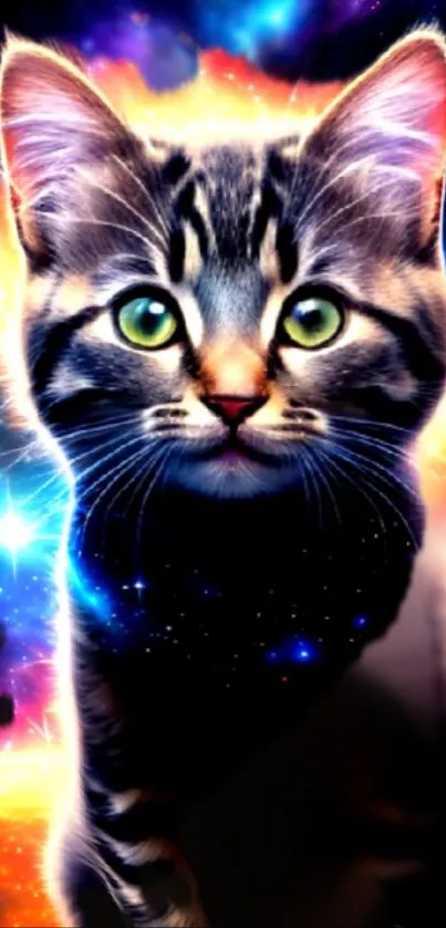 A mystical cat with a galaxy background and vibrant colors.