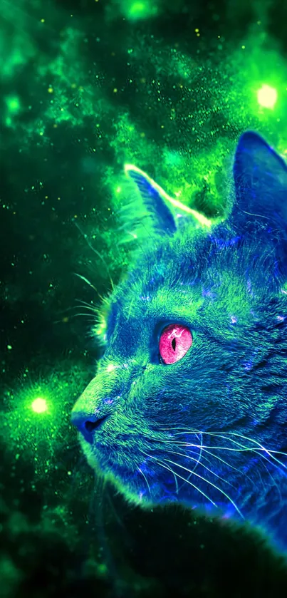 Cosmic cat in a vibrant green and blue nebula background.