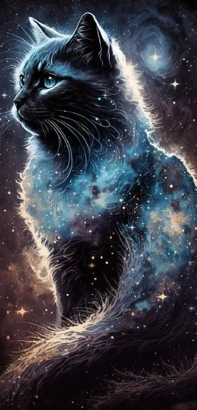 A cosmic cat with nebula fur set against a starry dark blue background.