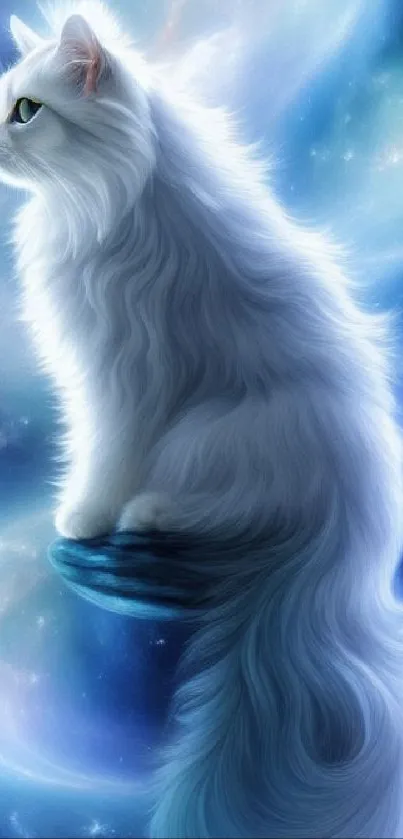 White cat with cosmic background in a digital wallpaper.