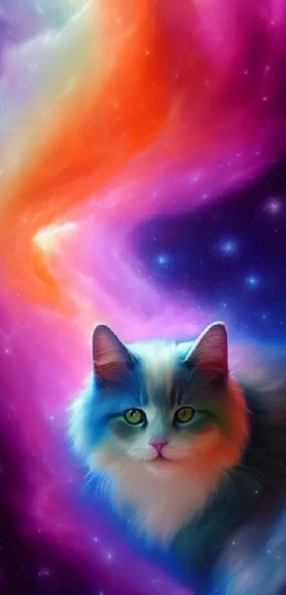 Vibrant cosmic cat with rainbow galaxy swirl.