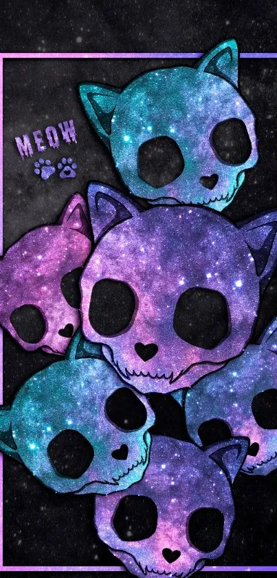 Vibrant cosmic cat skulls pattern with galaxy colors.