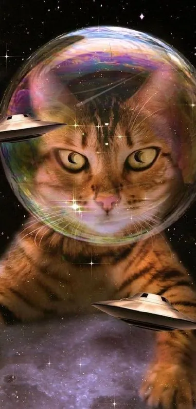 A whimsical cosmic cat wearing an astronaut helmet with UFOs in space.