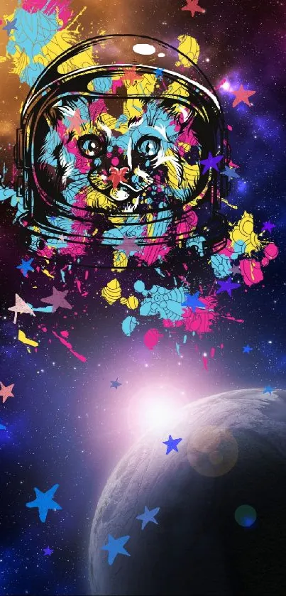 Colorful cosmic cat in space helmet with planet and galaxy background.