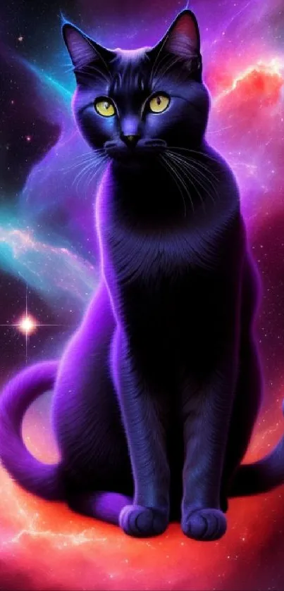 Purple cosmic cat sitting in a vibrant nebula space scene wallpaper.