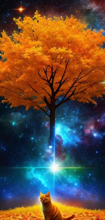 A mystical scene with a cat under a golden tree against a cosmic sky background.