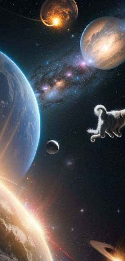 Fantasy cosmic cat floating through space with planets in a dark galaxy.