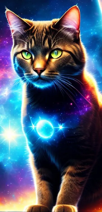 A cosmic cat in a colorful galaxy background, vibrant with stars and cosmic elements.