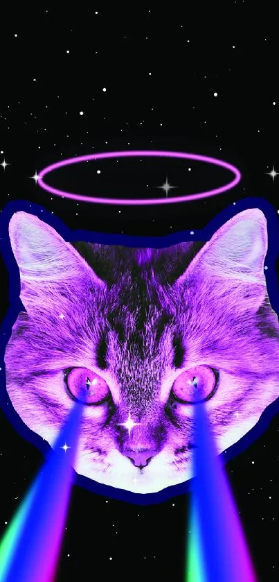 Purple cosmic cat with glowing eyes and a neon space theme background.