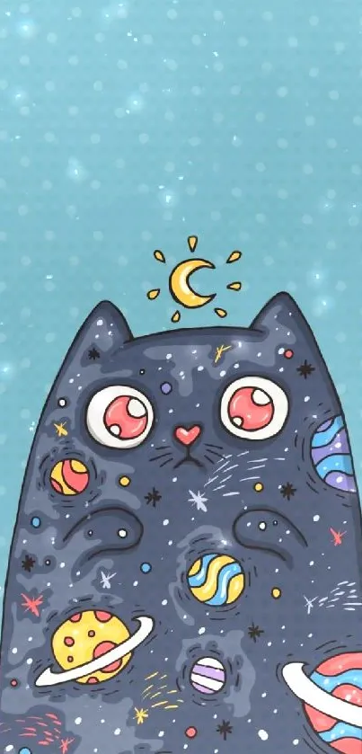 Cosmic cat with planets and stars on a light blue background.