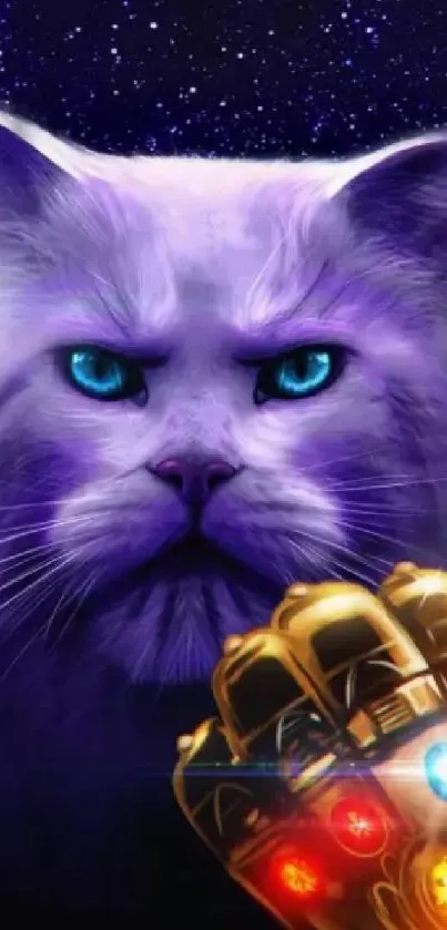 Purple cosmic cat with infinity gauntlet on starry background.