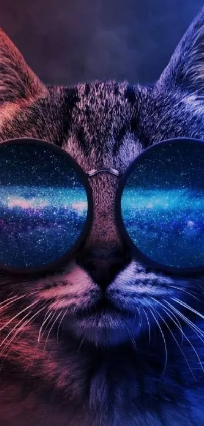 Cat with galaxy glasses in cosmic blue and red hues.