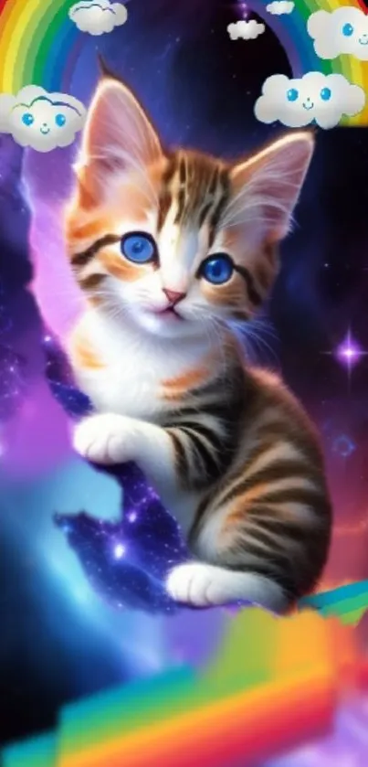 Cute kitten in a cosmic setting with rainbows and clouds, vibrant and cheerful.