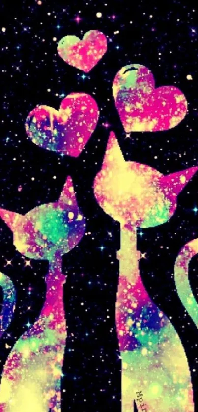 Colorful cosmic cats and hearts galaxy wallpaper.