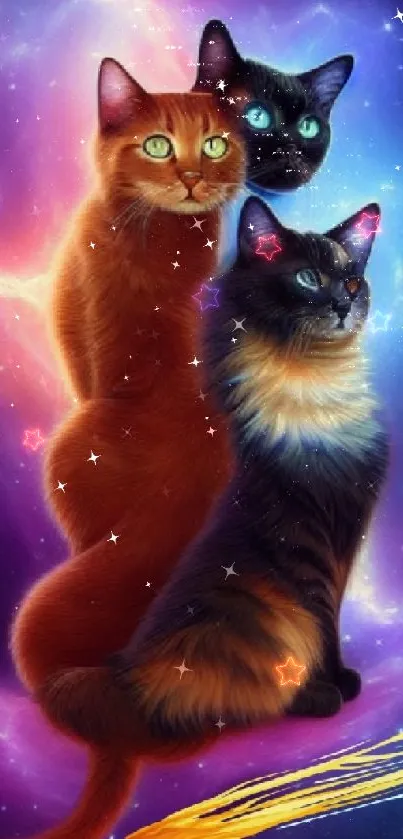 Whimsical illustration of three cats amidst a colorful galaxy.