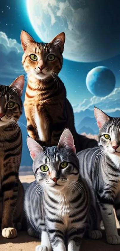 Four cats on an alien landscape with planets in the background.