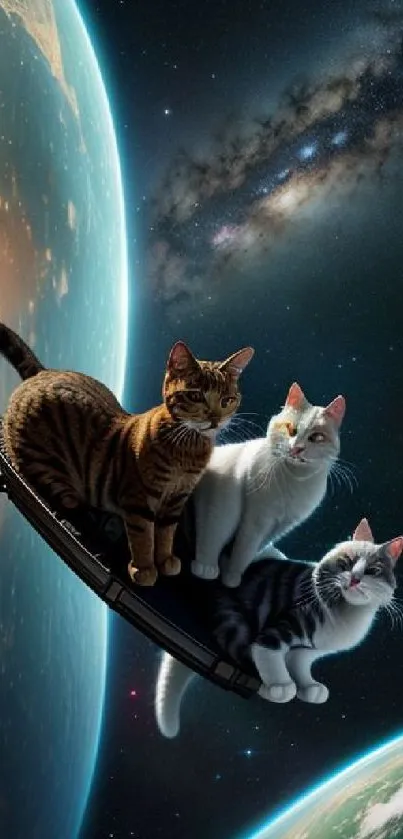 Three cats surfing in space with galaxy and planets in the background.