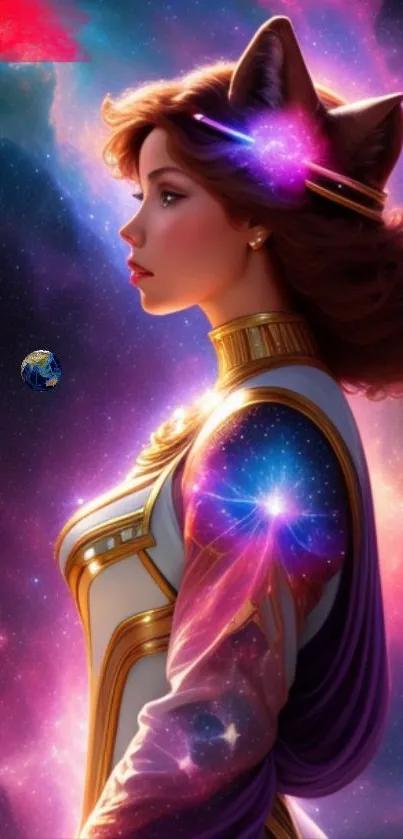 Galactic Catwoman in a cosmic setting with vibrant purple and pink hues.