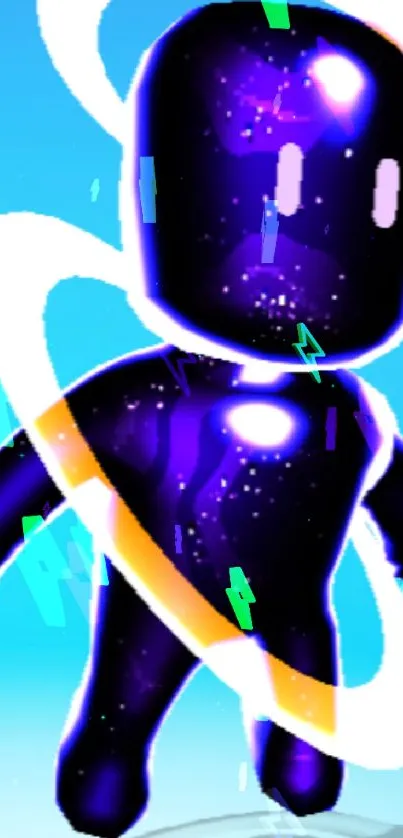 Neon cosmic character with glowing rings.