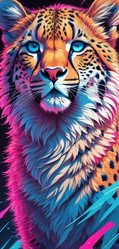 Vibrant cosmic cheetah mobile wallpaper with neon colors.