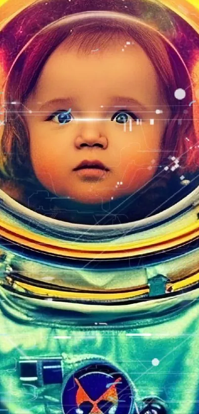 Adorable baby in a blue astronaut suit with a galaxy backdrop.