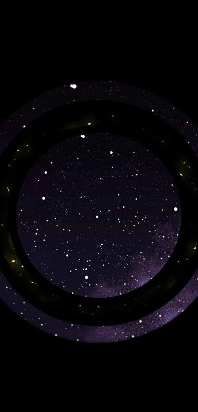 Circular cosmic design with stars on black background.