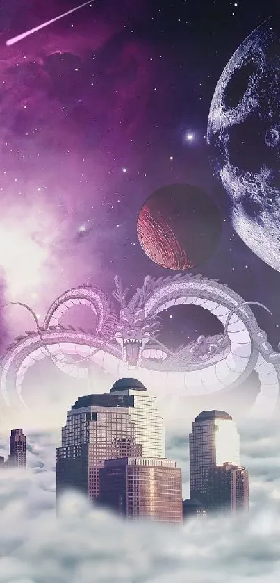 Cosmic city skyline amid clouds with planets and stars in night sky.