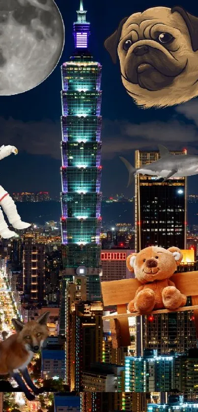 Whimsical city collage with animals and astronaut at night.