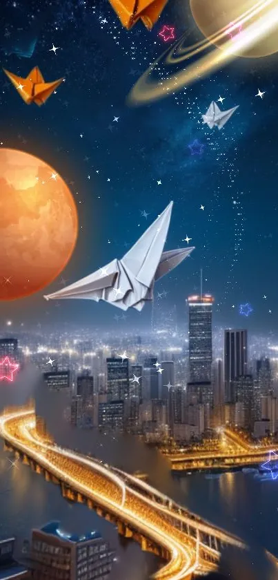 Cosmic cityscape with origami cranes and planets.