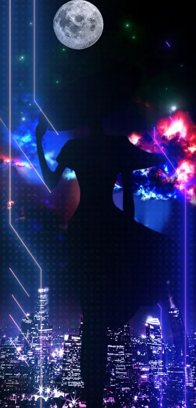 Silhouette against cosmic-themed cityscape with neon lights and full moon.