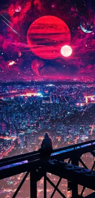 Silhouette on bridge under cosmic cityscape with red planets and vibrant night sky.