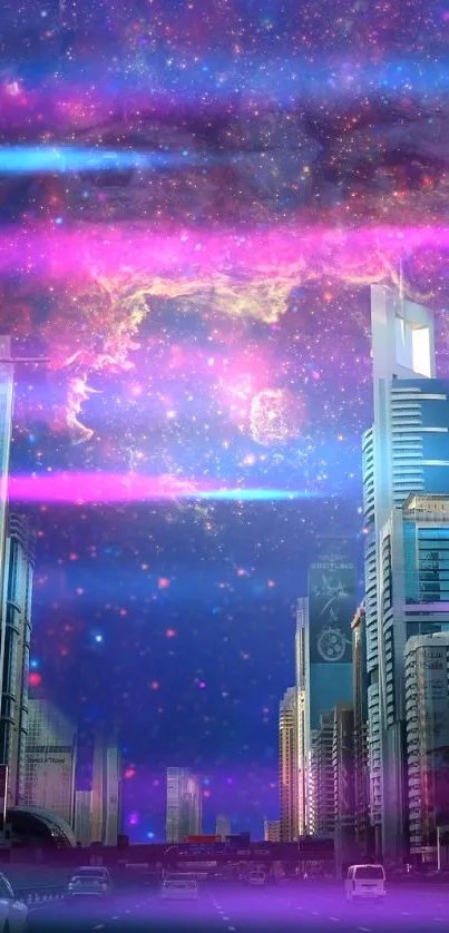 Cosmic cityscape with galaxy sky over urban skyline.