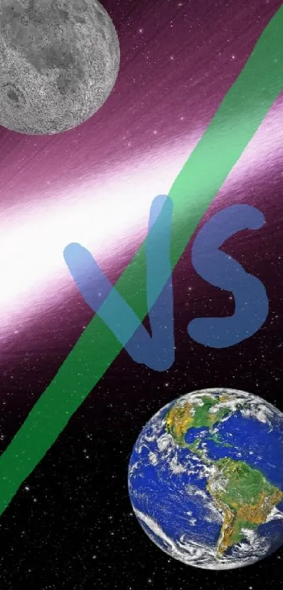 Illustration of comet versus Earth in space with starry background.