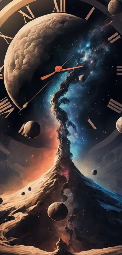 Cosmic clock with planets and a vibrant nebula scene.