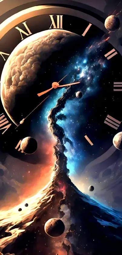 A cosmic clock with planets and nebula in a fantasy space scene.