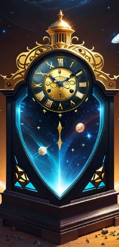 Cosmic clock against a fantasy space backdrop with celestial details.