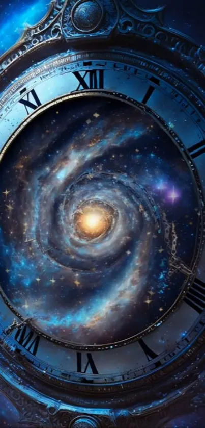 A cosmic clock with swirling galaxy on wallpaper.