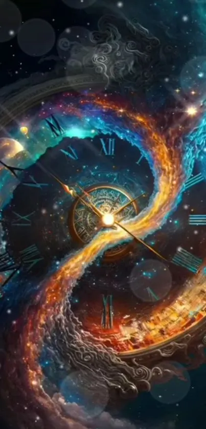 Cosmic themed wallpaper with infinity clock design.