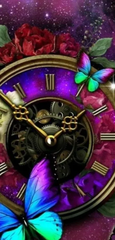 Cosmic clock with butterflies and flowers on a purple galaxy background.