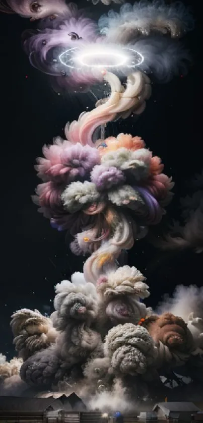 Surreal cosmic cloud art with swirling vibrant colors forming a mystical landscape.