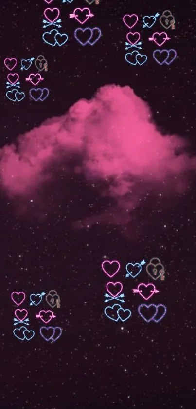 Vibrant pink cosmic cloud with colorful heart motifs against a starry night sky.