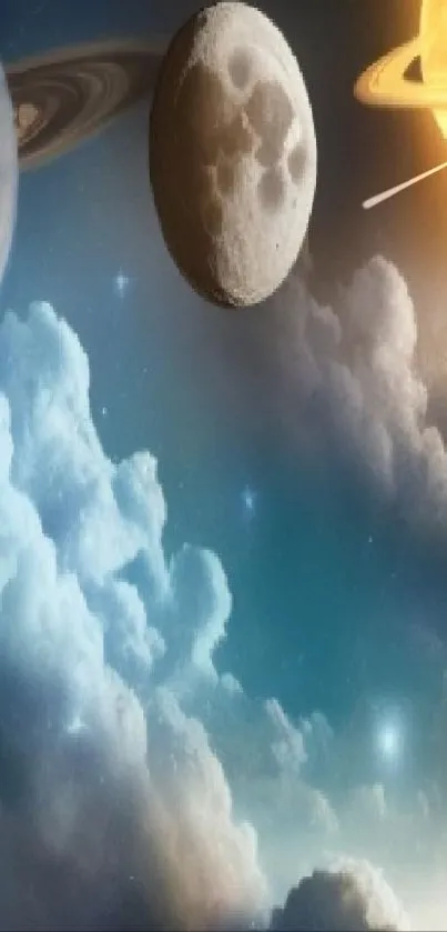 Mobile wallpaper featuring planets and cosmic clouds.