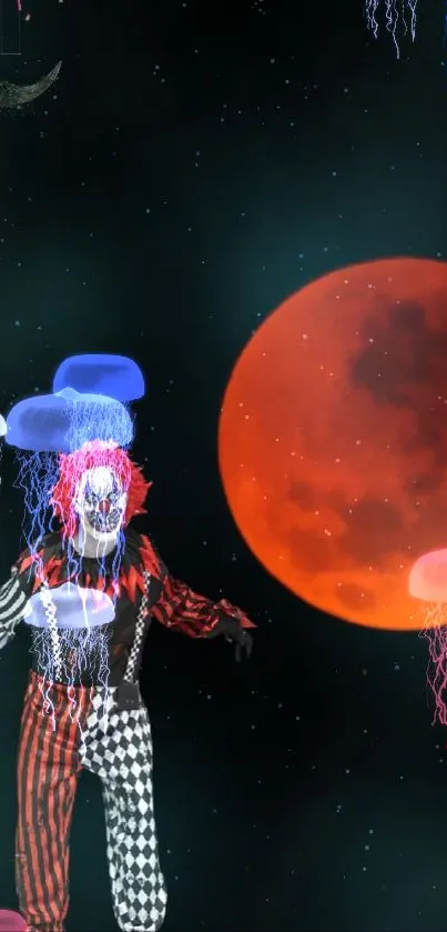 Clown with jellyfish and red moon mobile wallpaper.