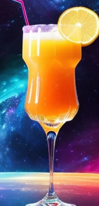 A cosmic background with planets and a vibrant cocktail.