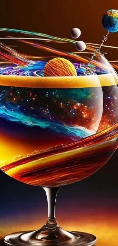 Cosmic cocktail with planets and vibrant colors in a glass.