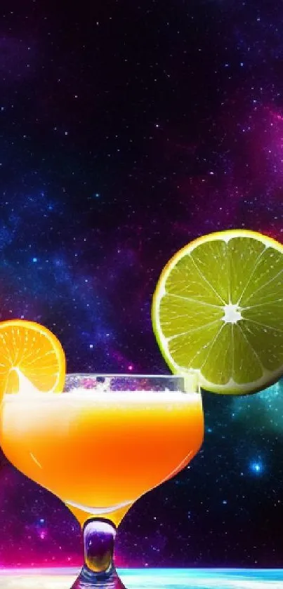 Vivid cocktail with cosmic nebula backdrop in vibrant colors.