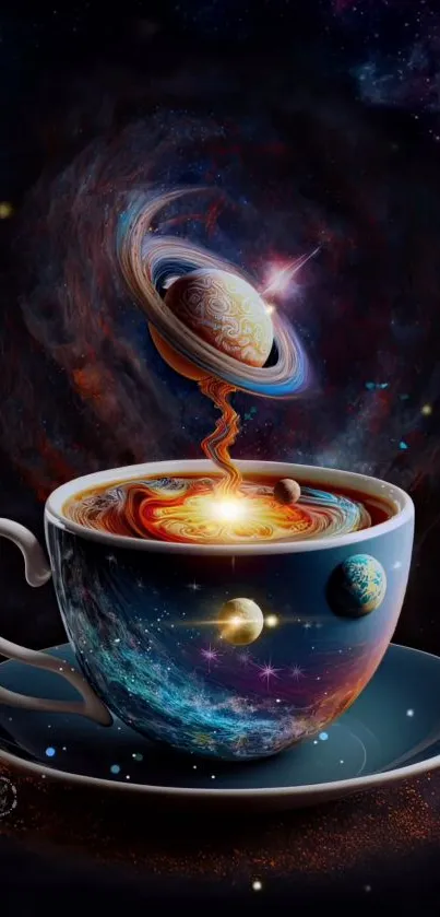 A surreal coffee cup with planets and galaxies floating above.